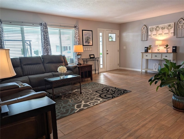 living area with wood finished floors, baseboards, and a textured ceiling