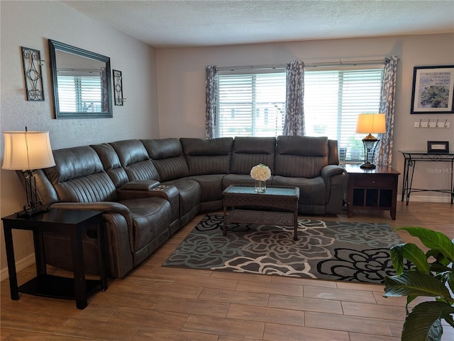 living area with a textured ceiling and wood tiled floor