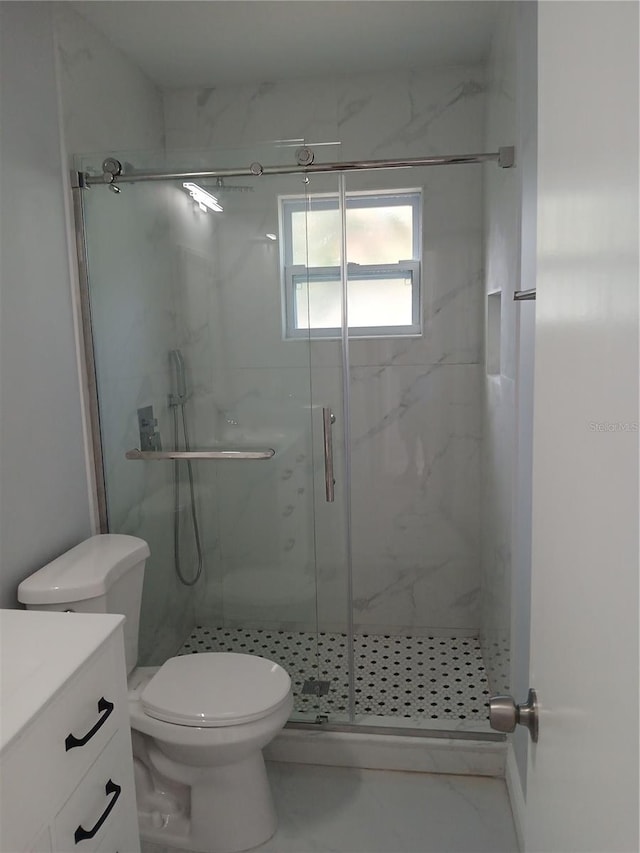 bathroom with vanity, toilet, and a shower with shower door