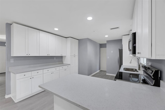 kitchen featuring sink, light wood-type flooring, white cabinetry, electric range, and kitchen peninsula