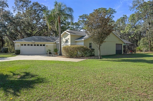 single story home featuring a garage, a front yard, and a lanai