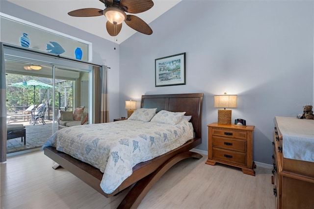 bedroom with lofted ceiling, access to outside, light hardwood / wood-style floors, and ceiling fan