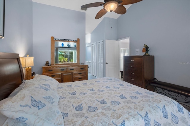 bedroom featuring high vaulted ceiling and ceiling fan