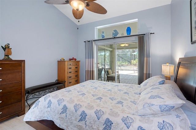 bedroom with vaulted ceiling, access to outside, and ceiling fan