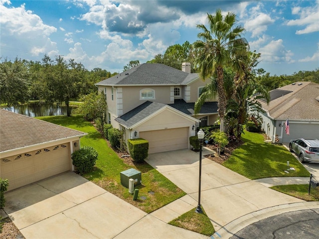 view of front of property featuring a front lawn and a water view