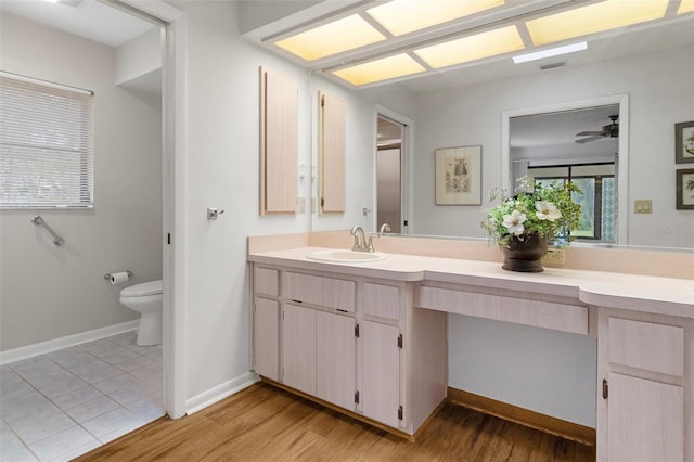 bathroom with vanity, ceiling fan, wood-type flooring, and toilet