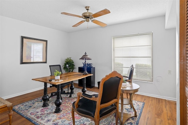 home office with ceiling fan, light hardwood / wood-style floors, and a textured ceiling