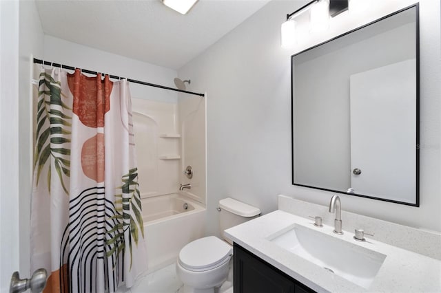 full bathroom featuring vanity, shower / tub combo with curtain, and toilet