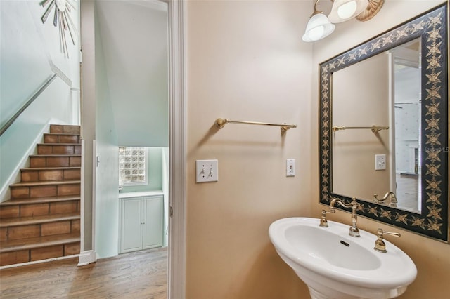 bathroom with wood finished floors and a sink