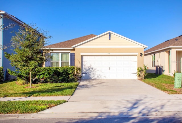 ranch-style home featuring a garage, a front yard, concrete driveway, and stucco siding