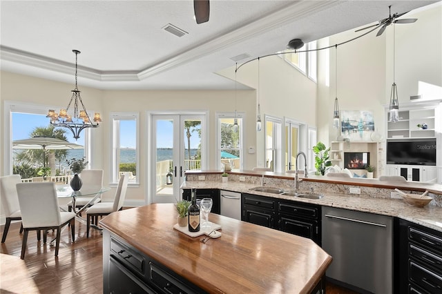 kitchen with dark cabinets, a tray ceiling, a sink, a glass covered fireplace, and open floor plan