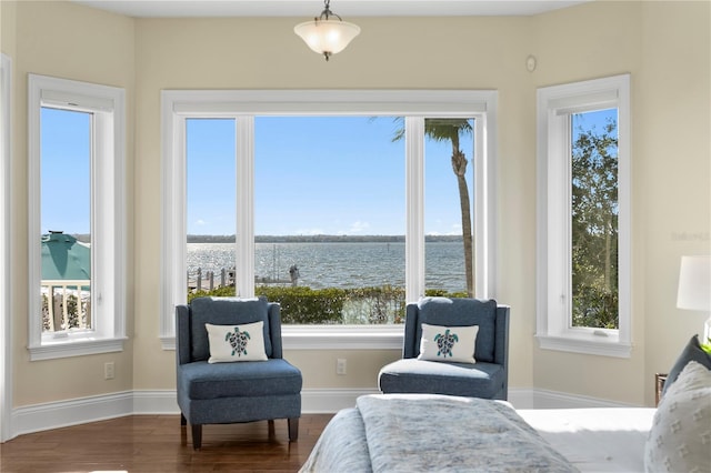 bedroom with dark wood-style floors, a water view, and baseboards