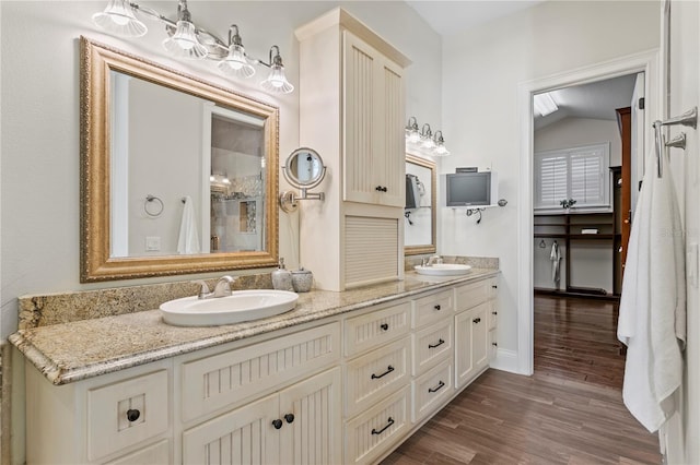 full bathroom featuring a sink, wood finished floors, and double vanity