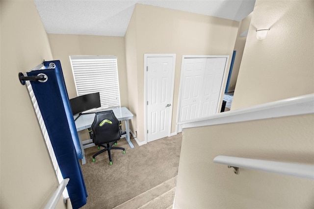 carpeted home office featuring a textured ceiling