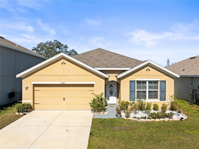 ranch-style house featuring a garage and a front yard