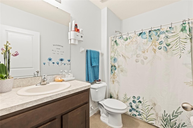 bathroom featuring vanity, tile patterned floors, toilet, and a shower with shower curtain