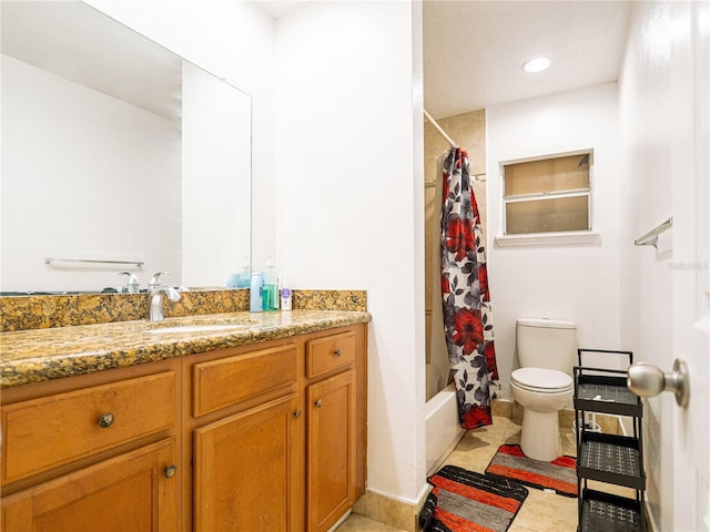 full bathroom with shower / bathtub combination with curtain, vanity, toilet, and tile patterned floors