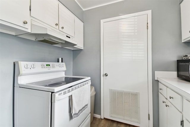 kitchen with electric stove, white cabinetry, and dark hardwood / wood-style floors