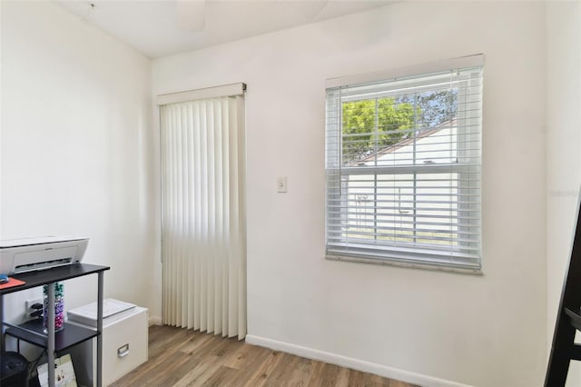 office area featuring ceiling fan and light wood-type flooring