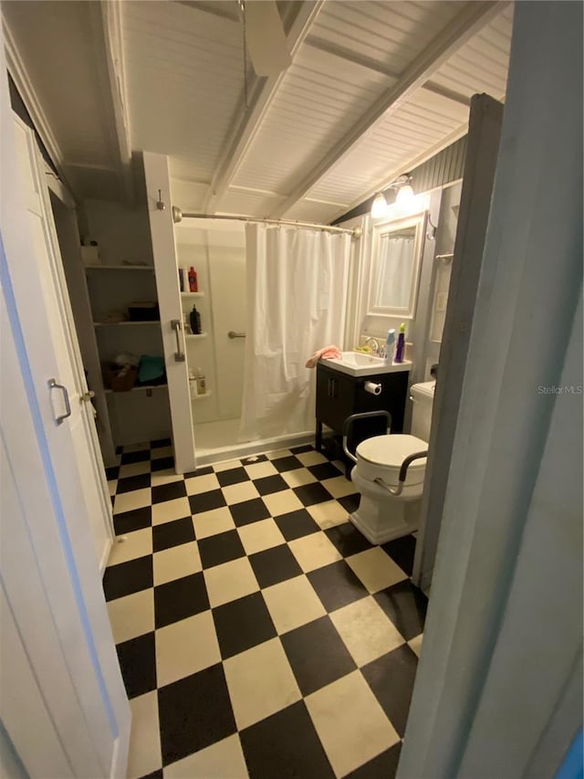 bathroom featuring vanity, a shower with curtain, and toilet