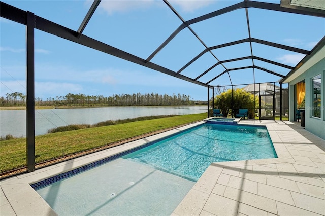 view of pool with a patio, a water view, glass enclosure, and a lawn