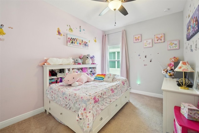 bedroom featuring light carpet and ceiling fan