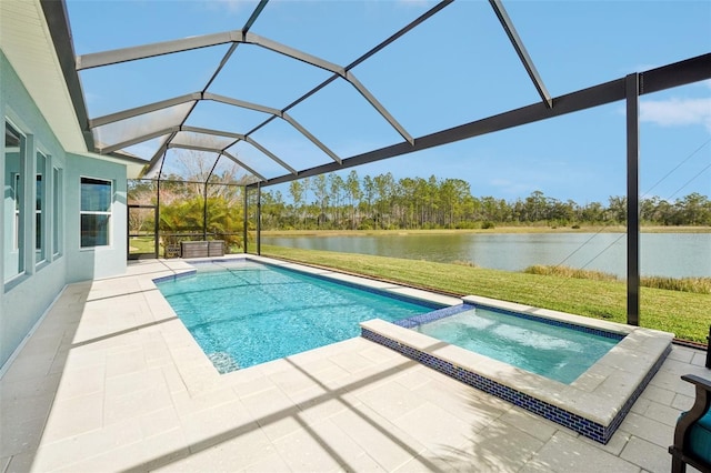 view of pool featuring a water view, glass enclosure, a lawn, an in ground hot tub, and a patio