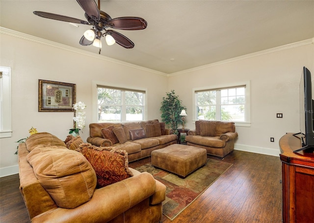 living room featuring ornamental molding, dark hardwood / wood-style floors, and ceiling fan