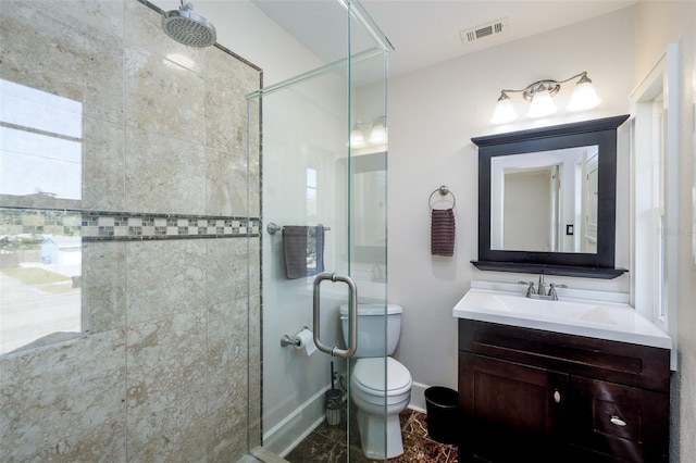 bathroom with vanity, plenty of natural light, toilet, and walk in shower