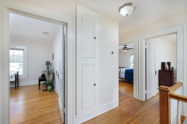 hallway with crown molding and light hardwood / wood-style floors