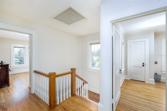 hall with ornamental molding and light wood-type flooring