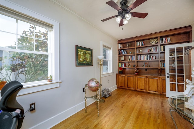 interior space featuring light hardwood / wood-style flooring, plenty of natural light, ornamental molding, and ceiling fan