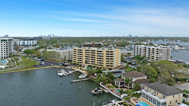 aerial view featuring a view of city and a water view