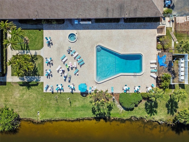 bird's eye view with a water view