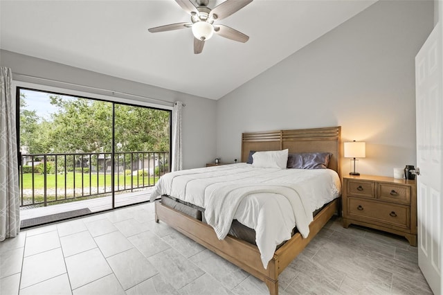 bedroom with lofted ceiling, access to exterior, and ceiling fan