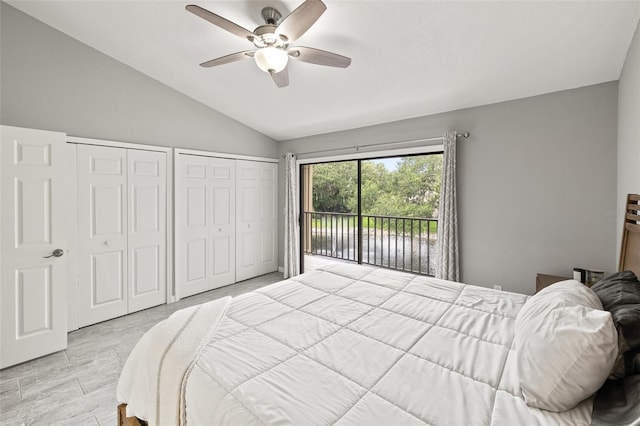 bedroom featuring ceiling fan, access to outside, multiple closets, and vaulted ceiling