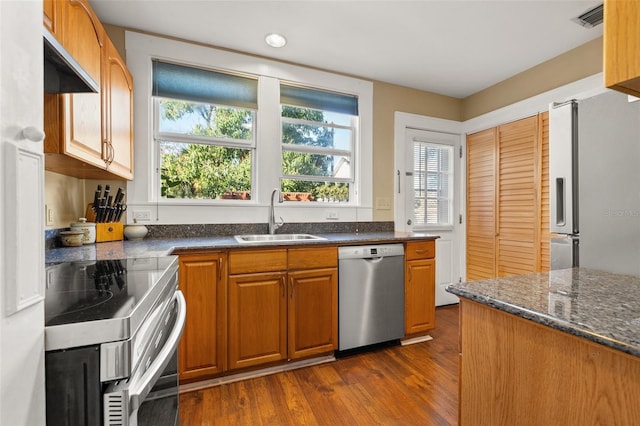 kitchen with dark wood-type flooring, sink, plenty of natural light, stainless steel appliances, and range hood