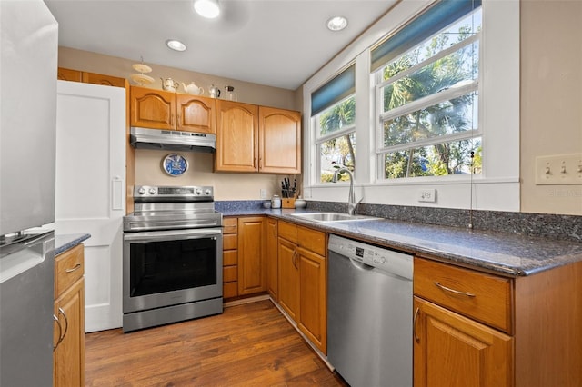 kitchen with sink, dark hardwood / wood-style floors, dark stone counters, and appliances with stainless steel finishes