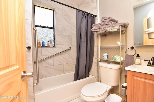 full bathroom featuring shower / bathtub combination with curtain, vanity, and toilet