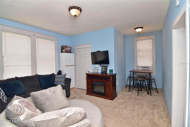 carpeted living room featuring a textured ceiling