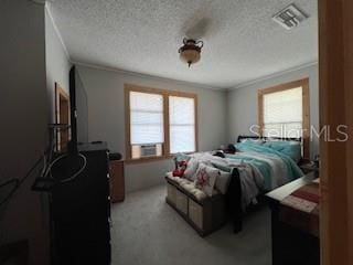 carpeted bedroom with multiple windows, ornamental molding, and a textured ceiling