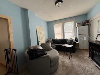 carpeted living room with radiator heating unit and a textured ceiling