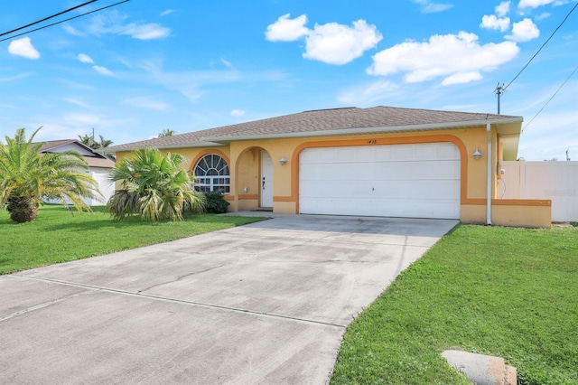 view of front of property with a garage and a front lawn