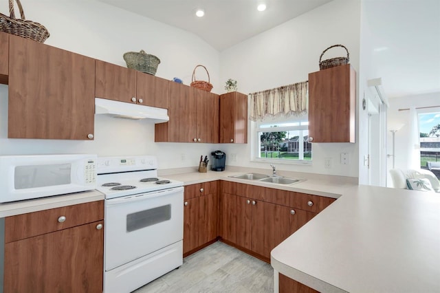 kitchen with sink, white appliances, and kitchen peninsula