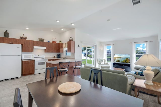 dining area with lofted ceiling, sink, and light hardwood / wood-style flooring