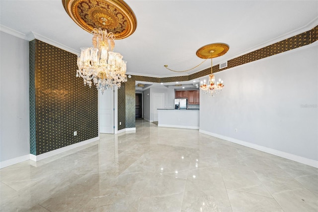unfurnished dining area with ornamental molding and a chandelier