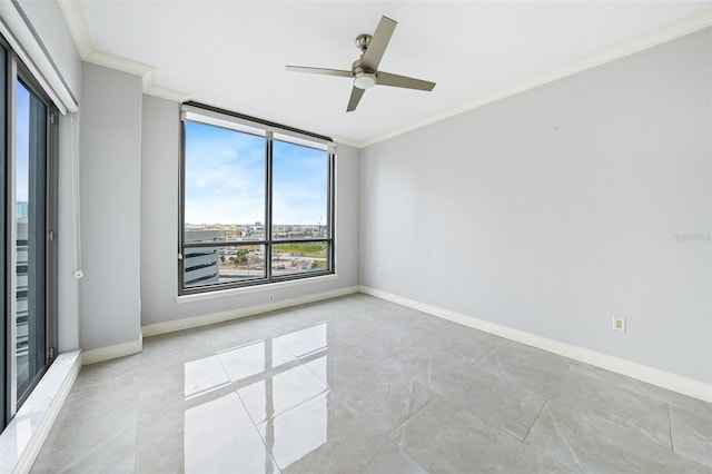 unfurnished room featuring crown molding and ceiling fan