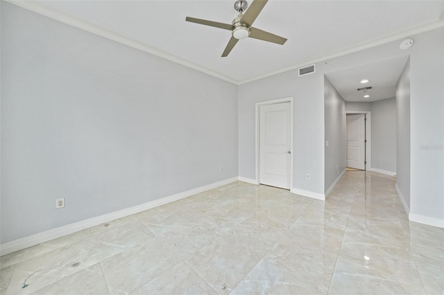 unfurnished room with ceiling fan and ornamental molding