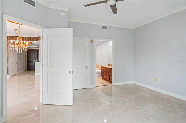 unfurnished bedroom with crown molding, ensuite bath, and ceiling fan with notable chandelier