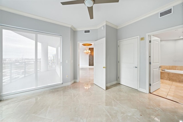 unfurnished bedroom featuring ensuite bath, ornamental molding, and ceiling fan